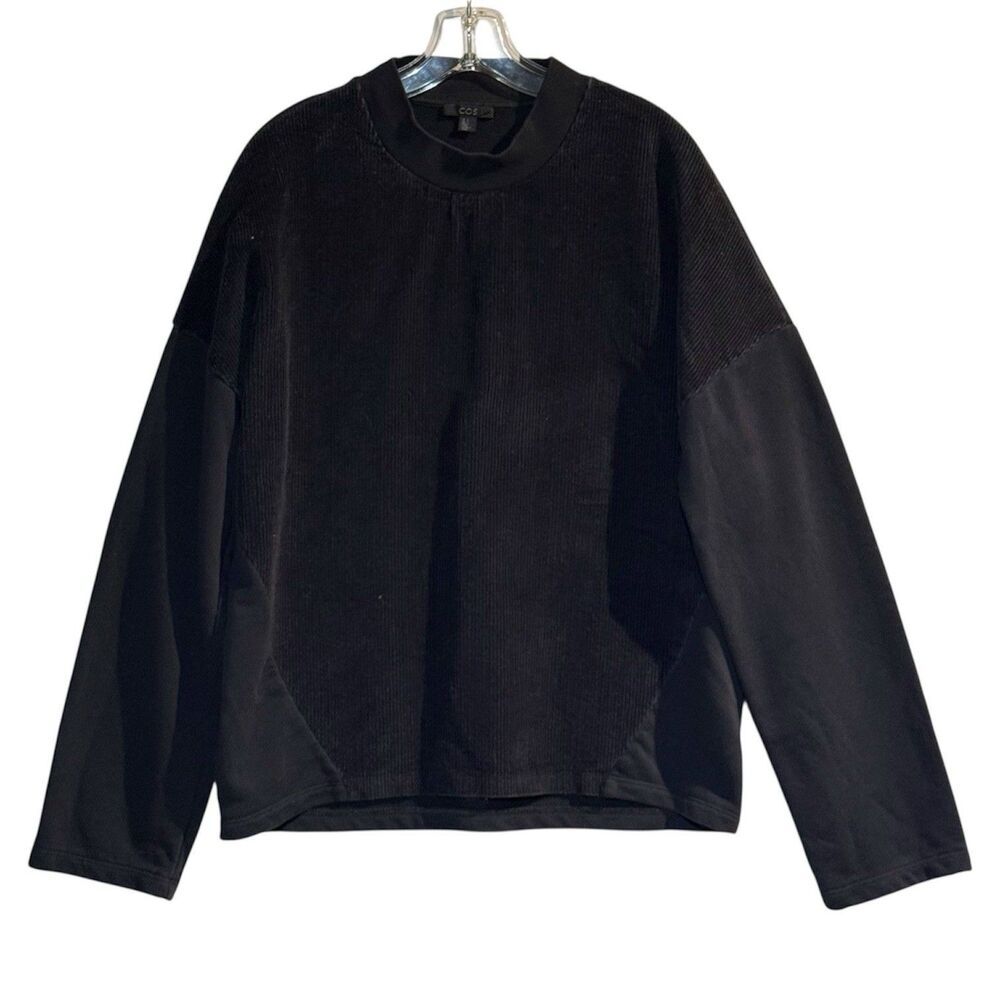 COS Black Crewneck Sweatshirt Mixed Media Ribbed Front Size S